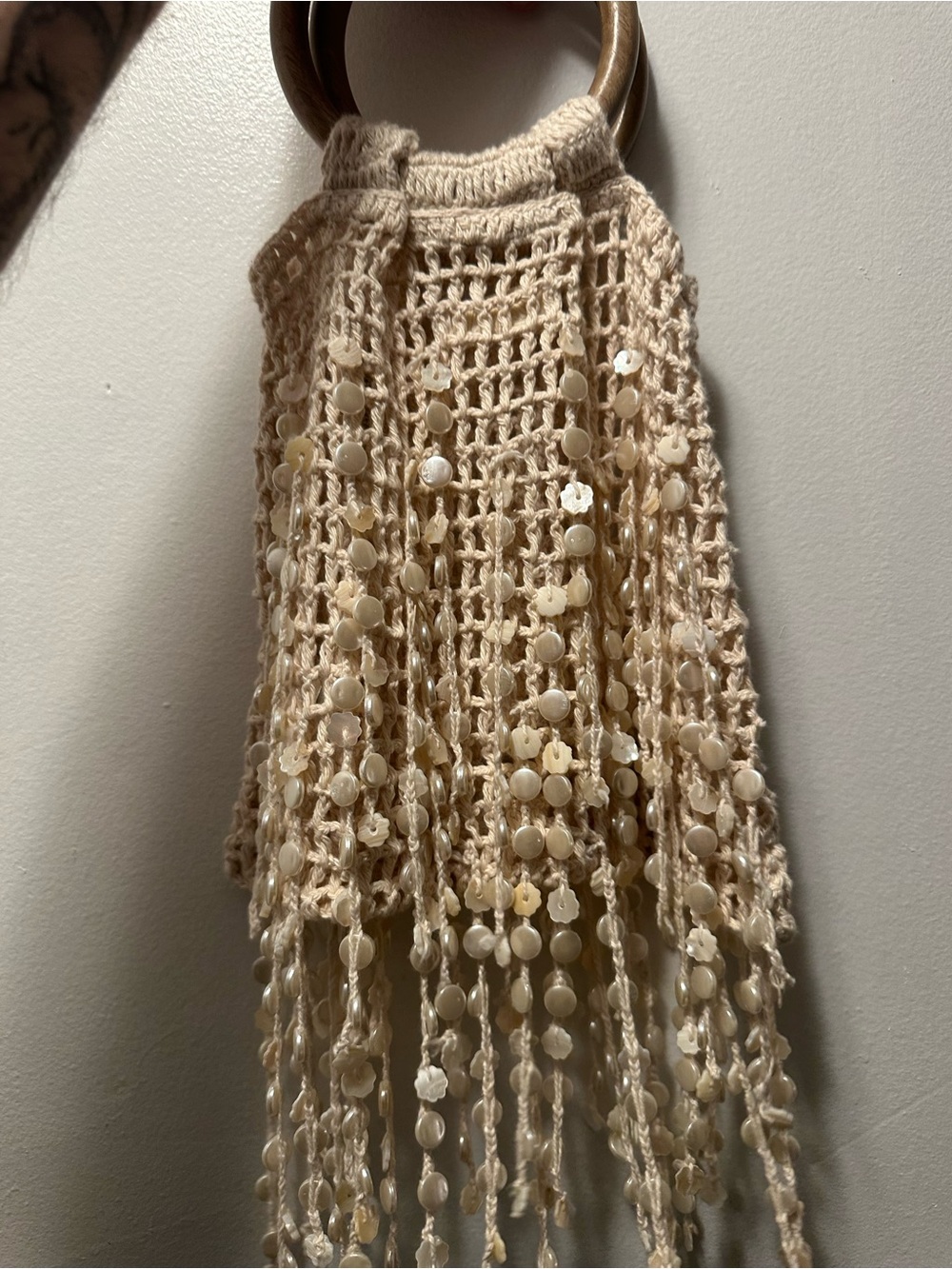 ZARA Beaded Crochet Fringe Bucket Bag Wooden Handles NWT - Picture 3 of 9